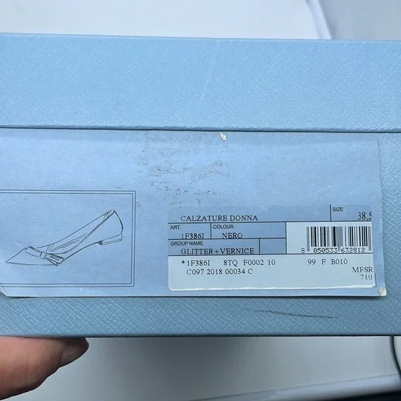 Prada Black Glitter leather bow logo embellished pointed toe ballet flats 38.5 - Picture 11 of 11